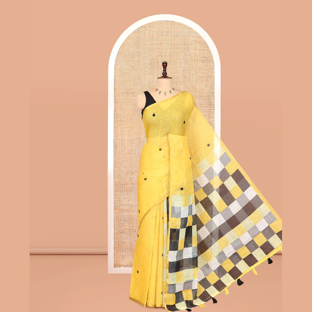 Pothys Borderless Yellow Linen Cotton Saree, Mesmerised with Polka Dots, a Contrast Checked Pallu, Contrast Blouse
